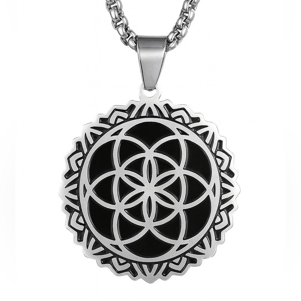 Stainless Steel Mandala Flower of Life Necklace 24” Geometric Pendant